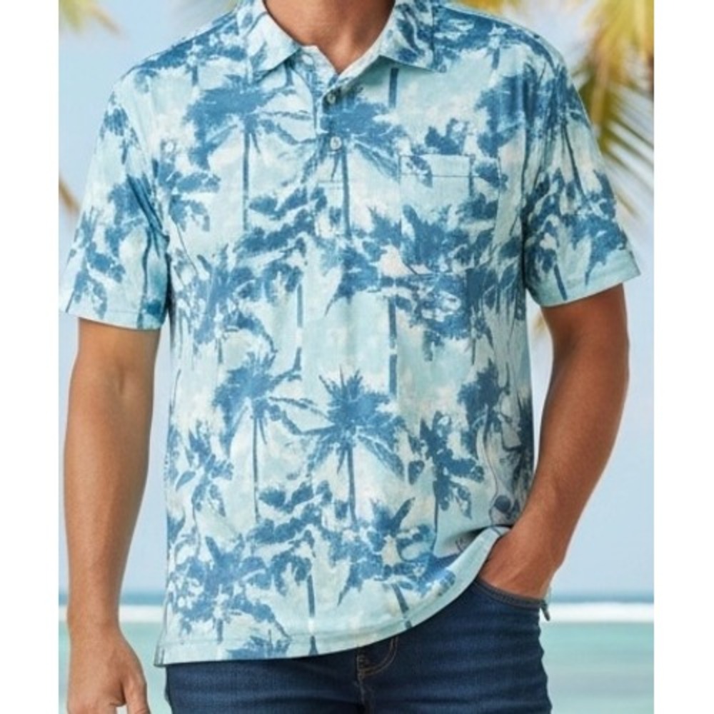 Izod Saltwater Mens XXL Blue Tropical Palm Tree Print Polo Shirt Short Sleeve